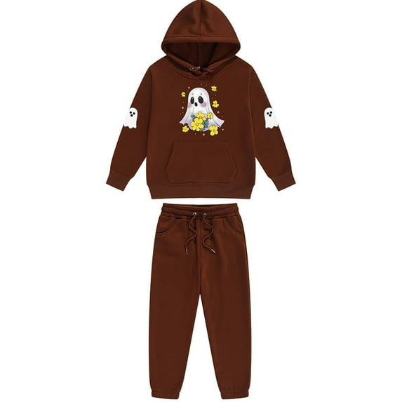 CYRBOKO Girls Halloween Outfit Sets, Hooded Stretchy Elastic Waist Drawstring Long Sleeve Sweatshirts with Pocket Brown Size 10-11 T