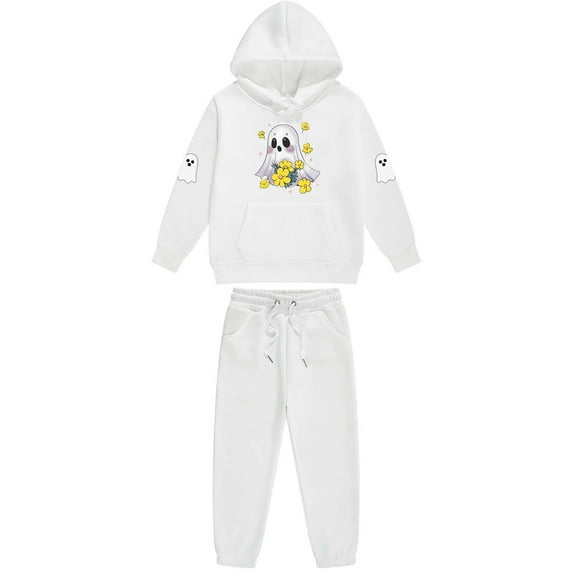 CYRBOKO Girls Halloween Outfit Sets, Long Sleeve Drawstring Stretchy Elastic Waist Hooded Sweatshirts with Pocket White Size 10-12 T