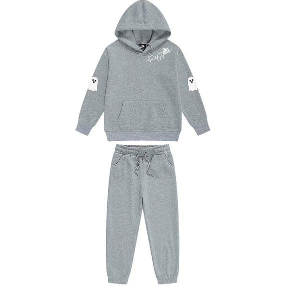 CYRBOKO Girls Halloween Outfit Sets, Long Sleeve Hooded Winter Elastic Waist Drawstring Kids Sweatshirt Sets Gray Size 8-9 T