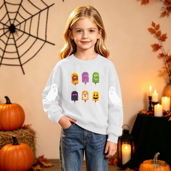 CYRBOKO Girls Halloween Sweatshirt, Casual Crew Neck Long Sleeve Pullover Holiday Top White Size 5-6 T