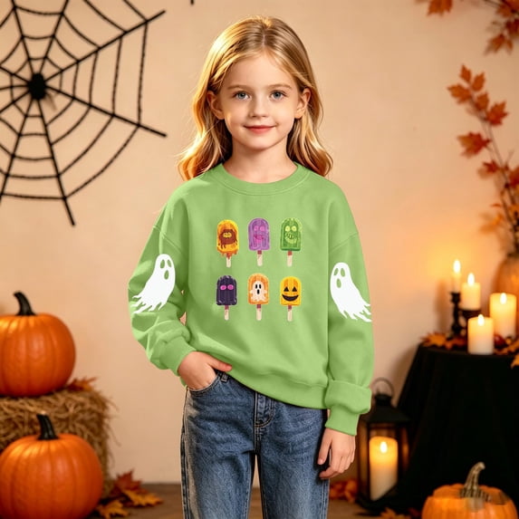 CYRBOKO Girls Halloween Sweatshirt, Casual Long Sleeve Pullover Crew Neck Holiday Top Green Size 7-8 T