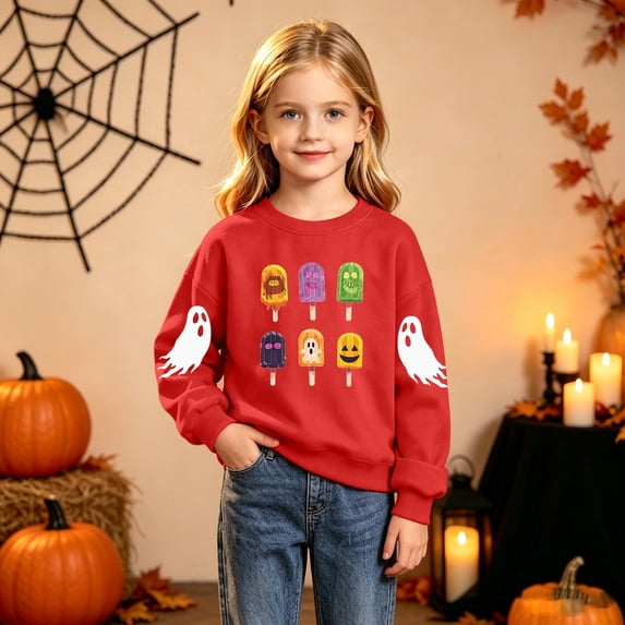 CYRBOKO Girls Halloween Sweatshirt, Casual Pullover Long Sleeve Crew Neck Red Holiday Top Size 11-12 T