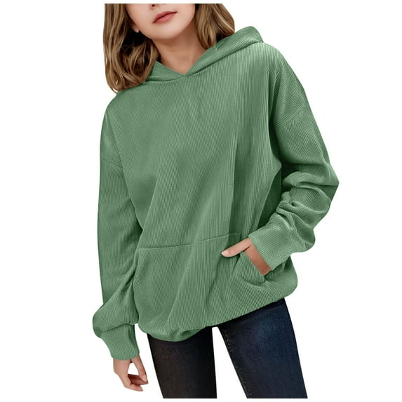 CYRBOKO Girls Hooded Sweatshirts, Corduroy Long Sleeve Fall Winter Sports Pullover with Pocket Green Size 10-11 T