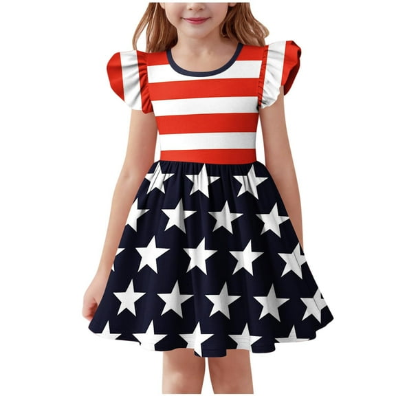 CYRBOKO Girls July 4th Dresses, Crewneck Gift A-line Flutter Sleeve Summer Dresses Blue Size 5-6T