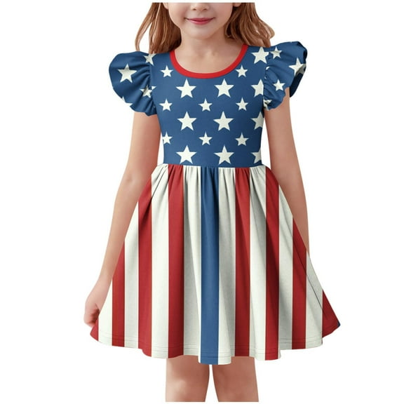 CYRBOKO Girls July 4th Dresses, Flutter Sleeve Crewneck A-line Party Summer Dresses Blue Size 9-10T