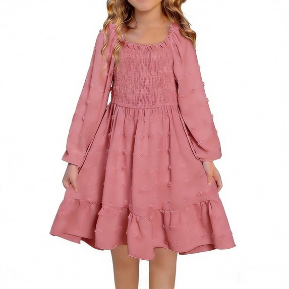 CYRBOKO Girls Long Sleeve Dresses, A-line Holiday Casual Spring Princess Dresses Pink Size 8-9 T