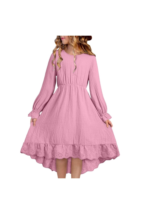Girls Long Sleeve Dresses, Cotton Spring A-line Crewneck Casual Dresses with Lace Trim Pink Size 10-12 T