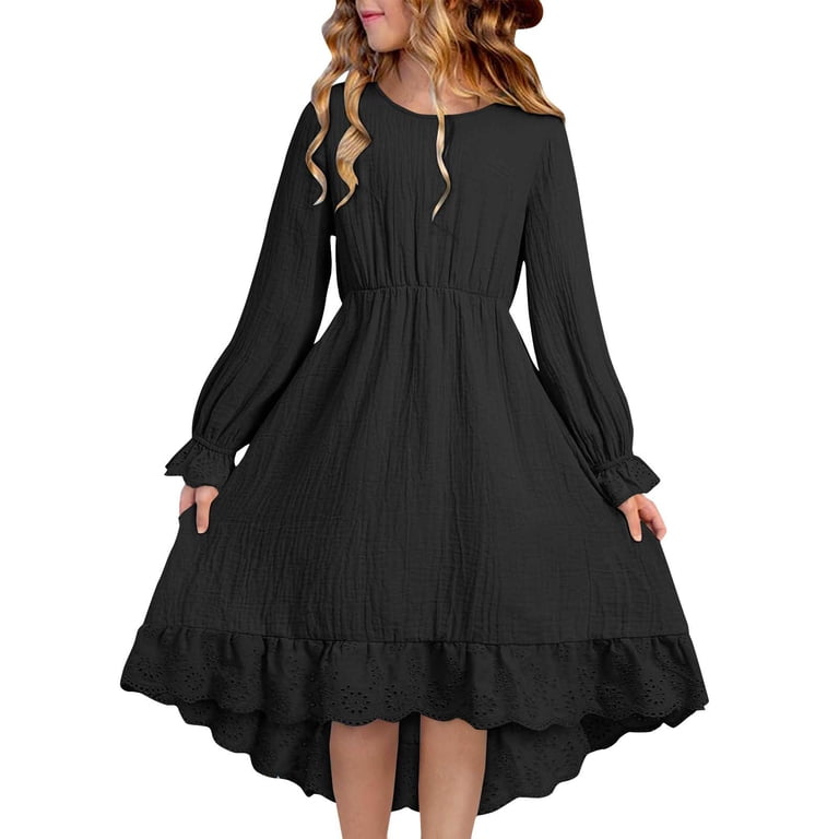 Cyrboko Girls Long Sleeve Dresses, Crewneck A-line Cotton Spring Casual Dresses with Lace Trim Black Size 14-15 T