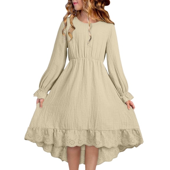 CYRBOKO Girls Long Sleeve Dresses, Crewneck Cotton Spring A-line Casual Dresses with Lace Trim Beige Size 10-11 T