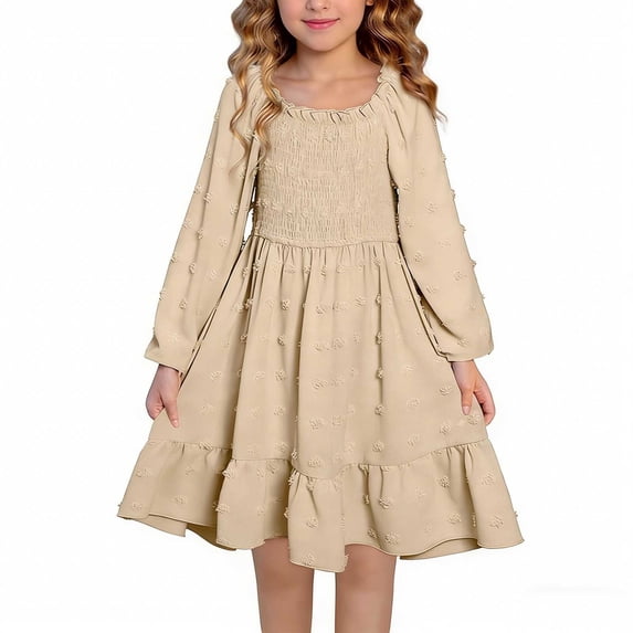 CYRBOKO Girls Long Sleeve Dresses, Spring A-line Casual Holiday Princess Dresses Khaki Size 6-7 T