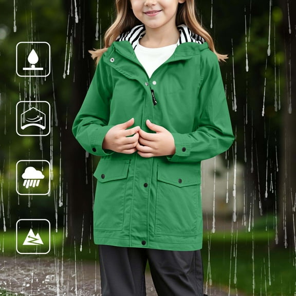 CYRBOKO Girls Long Sleeve Jackets, Waterproof Windproof Lightweight Stainproof Hooded Outerwear Green Size 9-10 T