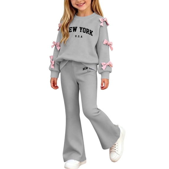 CYRBOKO Girls Long Sleeve Top and Flared Pants Sets, Casual 2-Piece Pullover Princess Kids Outfit Set Gray Size 14-15 T