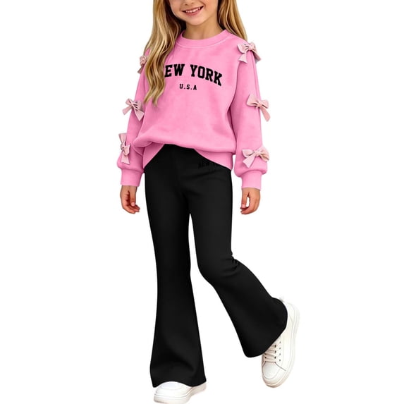 CYRBOKO Girls Long Sleeve Top and Flared Pants Sets, Casual Princess Pullover 2-Piece Kids Outfit Set Hot Pink Size 11-12 T