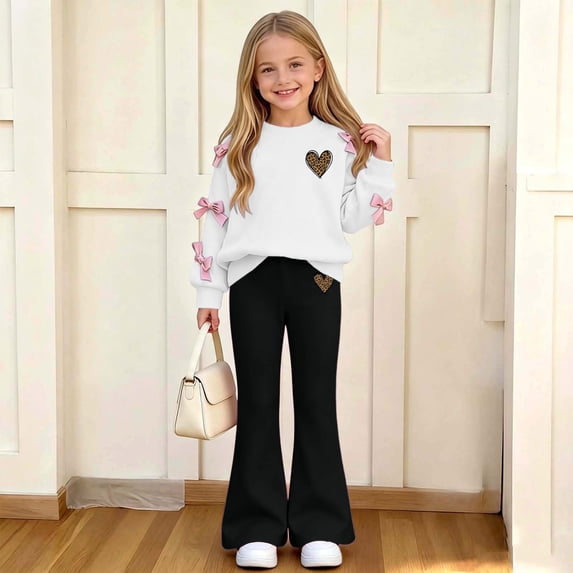 CYRBOKO Girls Long Sleeve Top and Flared Pants Sets, Casual Pullover 2-Piece Stretchy Kids Outfit Set Black Size 11-12 T