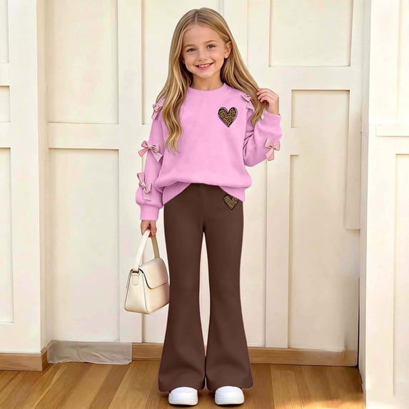 CYRBOKO Girls Long Sleeve Top and Flared Pants Sets, Casual Stretchy 2-Piece Pullover Kids Outfit Set Coffee Size 7-8 T