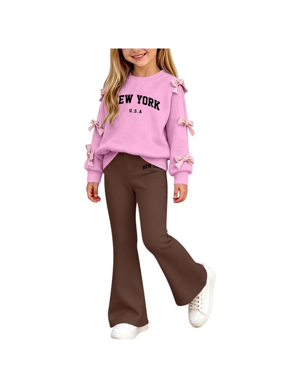 Girls Long Sleeve Top and Flared Pants Sets, Princess Pullover 2-Piece Casual Kids Outfit Set Coffee Size 10-12 T