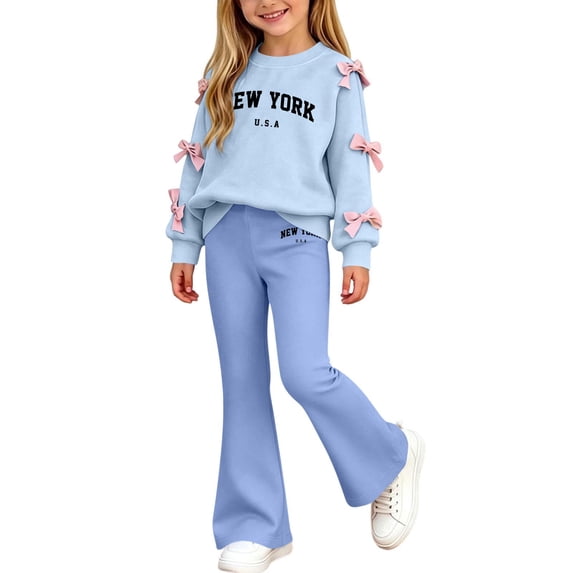 CYRBOKO Girls Long Sleeve Top and Flared Pants Sets, Princess Pullover Casual 2-Piece Kids Outfit Set Blue Size 11-12 T