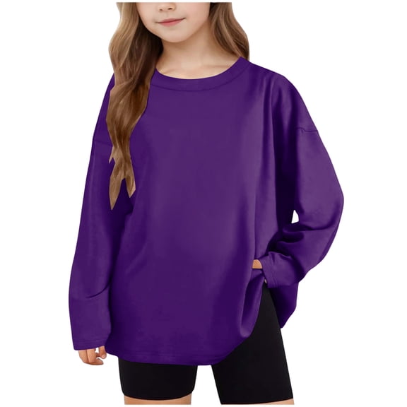 CYRBOKO Girls Long Sleeve Tops, Comfy Casual Crewneck Loose Fit Pullover Tops Purple Size 12-13 T