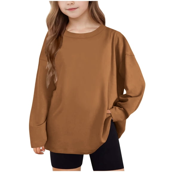CYRBOKO Girls Long Sleeve Tops, Comfy Loose Fit Casual Crewneck Pullover Tops Brown Size 8-9 T