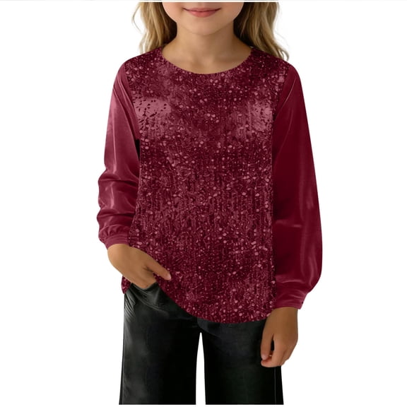 CYRBOKO Girls Long Sleeve Tops, Party Holiday Sequins Dancewear Sparkle Blouses Wine Size 9-10 T