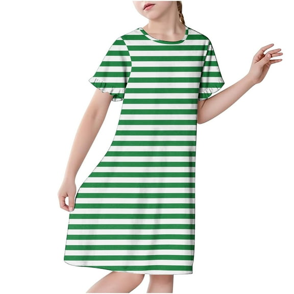 CYRBOKO Girls Nightgowns Clearance, Casual Short Sleeve Striped Soft Girls Pajamas Green Size 10-12 T