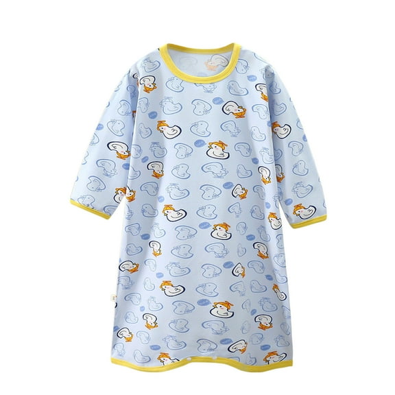 CYRBOKO Girls Nightgowns, Printed Long Sleeve Cotton Comfy Night Dresses Light Blue Size 6-7 T