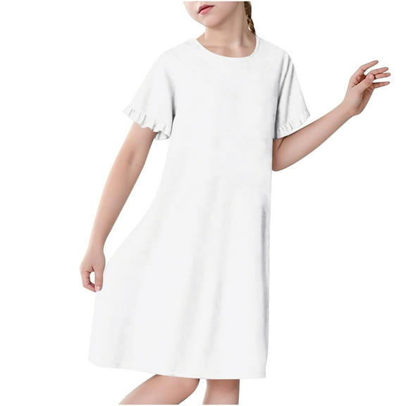 CYRBOKO Girls Nightgowns, Short Sleeve Lightweight Summer Soft Sleep Shirts White Size 7-8 T