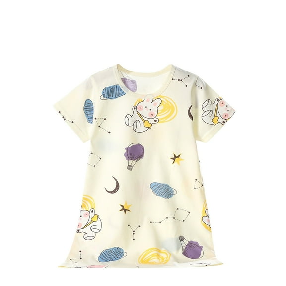CYRBOKO Girls Nightgowns, Cotton Soft Short Sleeve Printed Night Dresses Beige Size 13-14 T