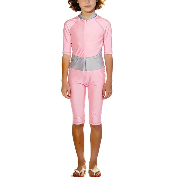 CYRBOKO Girls One-piece Swimsuits, Summer Quick-dry Short Sleeve Beach Bathing Suits Pink Size 4-6 T