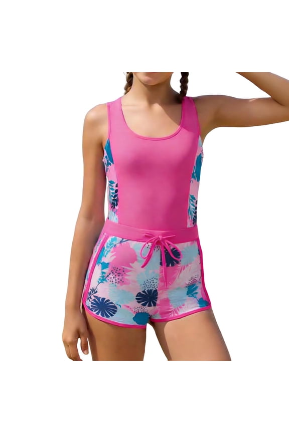 Girls One-piece Swimsuits, Surfing Quick-dry Sleeveless Summer Tankini with Boyshorts Hot Pink Size 12-13 T