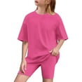 thumbnail image 1 of CYRBOKO Girls Outfit Sets, 2 Pieces Summer Casual T-shirts and Shorts Set Hot Pink Size 5-6 T, 1 of 9