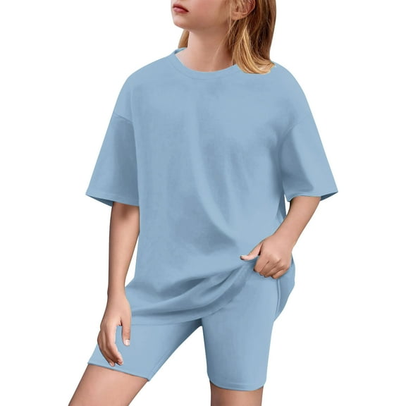 CYRBOKO Girls Outfit Sets, Casual 2 Pieces Summer T-shirts and Shorts Set Light Blue Size 6 T