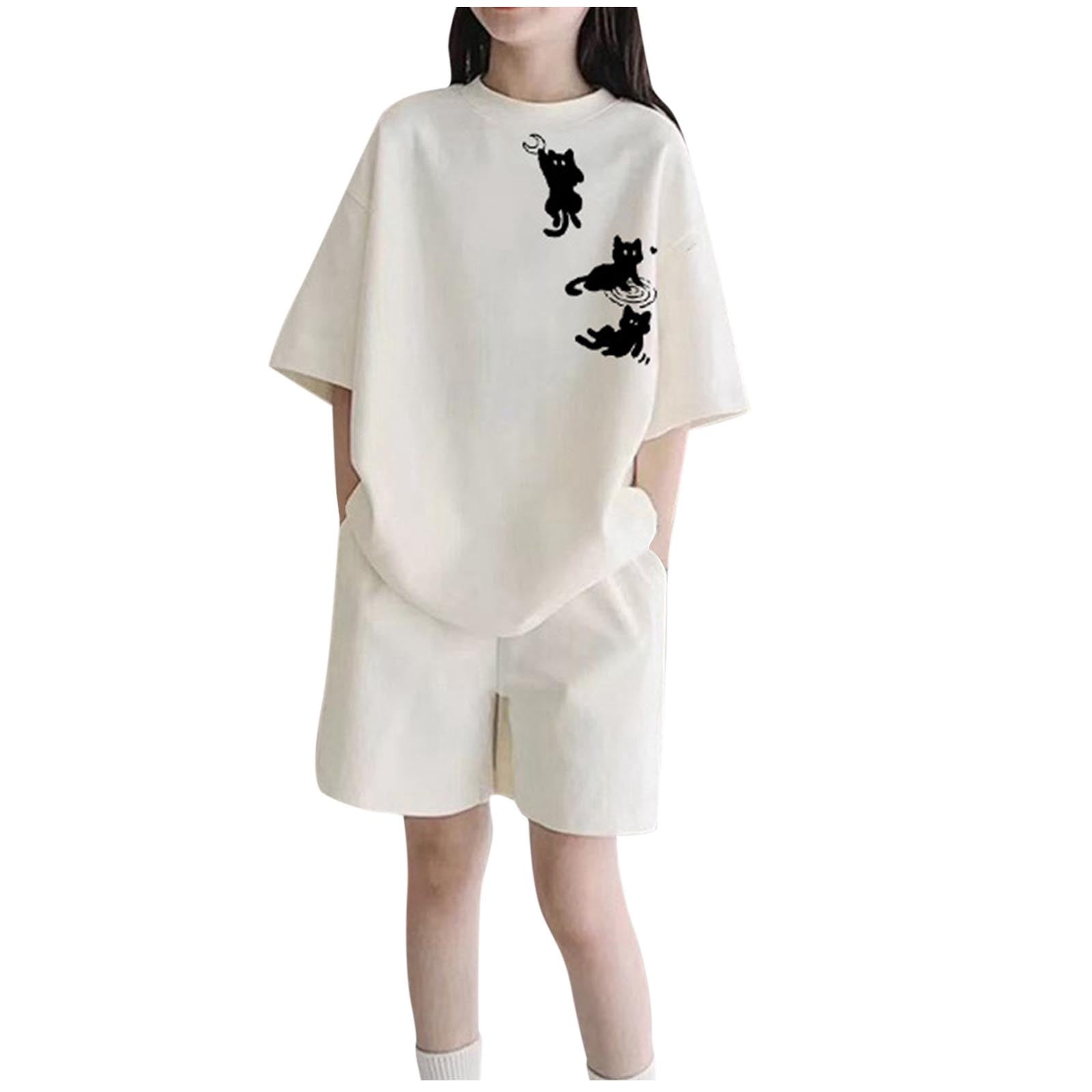 Girls Outfit Sets, Casual Short Sleeve Loose Elastic Waist Summer Clothing Beige Size 10-12 T