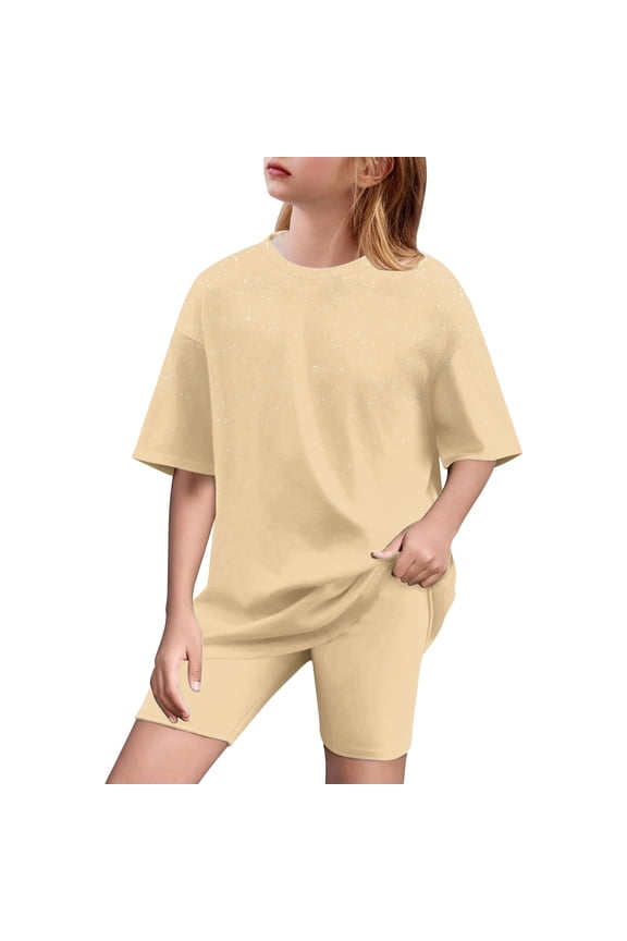 Girls Outfit Sets, Casual Summer 2 Pieces T-shirts and Shorts Set Beige Size 14-16 T