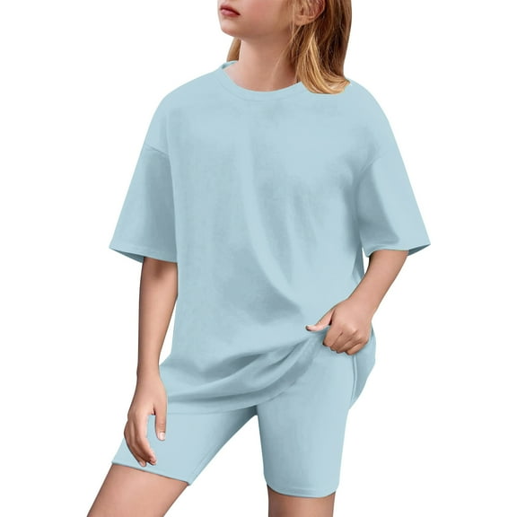 CYRBOKO Girls Outfit Sets, Casual Summer 2 Pieces T-shirts and Shorts Set Blue Size 8-9 T
