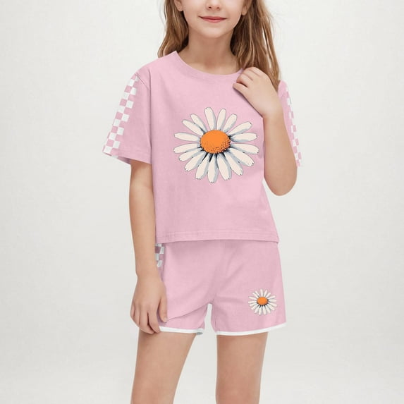 CYRBOKO Girls Outfit Sets, Casual Summer 2 Pieces T-shirts and Shorts Set Pink Size 13-14 T