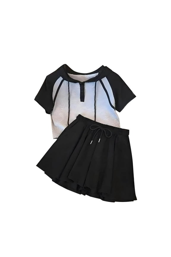 Girls Outfit Sets, Elastic Waist V-neck Drawstring Casual Sports Top And Skirt Black Size 14-15 T