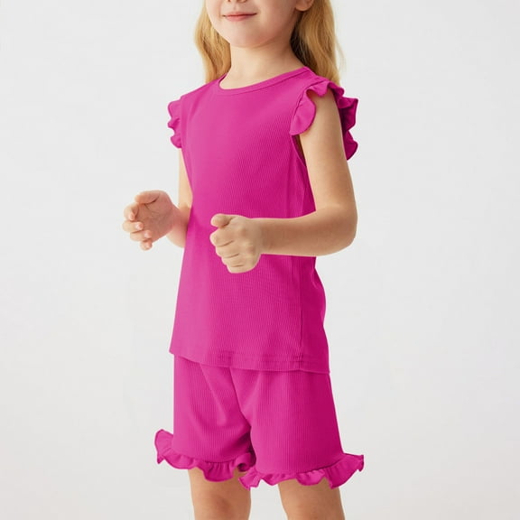 CYRBOKO Girls Outfit Sets, Short Sleeve 2 Pieces Solid Color T Shirts with Shorts Sets Hot Pink Size 7-8T