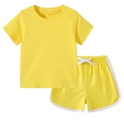CYRBOKO Girls Outfit Sets, Short Sleeve Solid Color 2 Pieces T Shirts with Shorts Sets Yellow Size 10-12 T