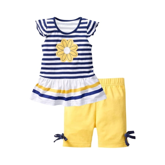 CYRBOKO Girls Outfit Sets, Sleeveless Soft Elastic Waist Two-piece Short Sleeve Tee and Leggings Blue Size 1-2 T