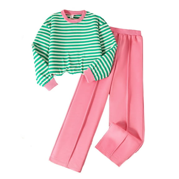 CYRBOKO Girls Outfit Sets, Striped Elastic Waist Long Sleeve Cotton Sweatsuit with Pants Green Size 11-12 T