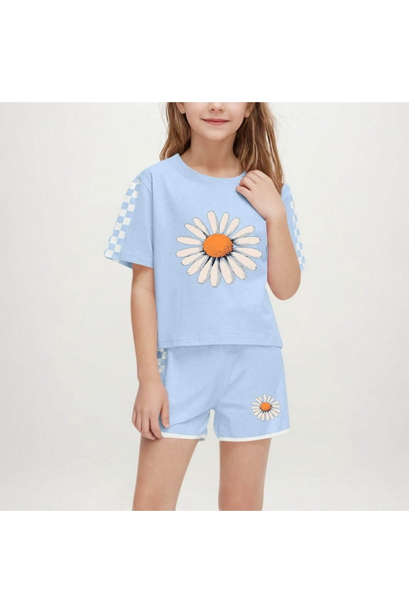 Girls Outfit Sets, Summer Casual 2 Pieces T-shirts and Shorts Set Sky Blue Size 10-12 T