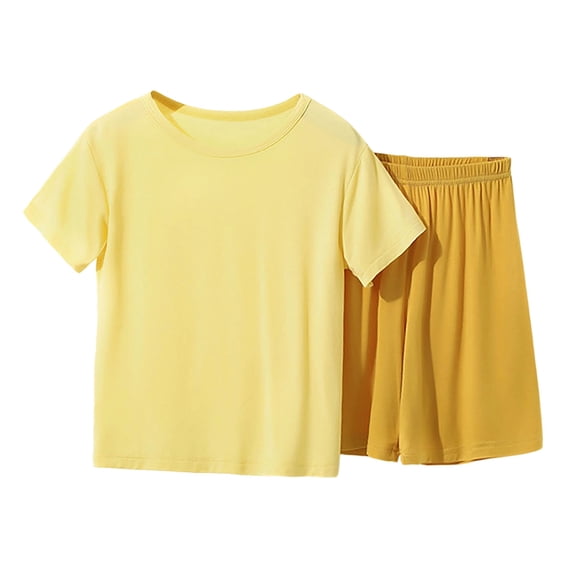 CYRBOKO Girls Outfit Sets, Summer Two-piece Comfy Short Sleeve Lounge Two-Piece Sets Yellow Size 12-13 T