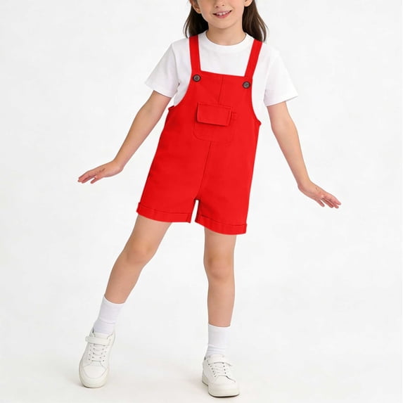 CYRBOKO Girls' Overalls Shorts, Back-to-school Comfy Front Pocket Casual Casual Shorts Red Size 9-10 T