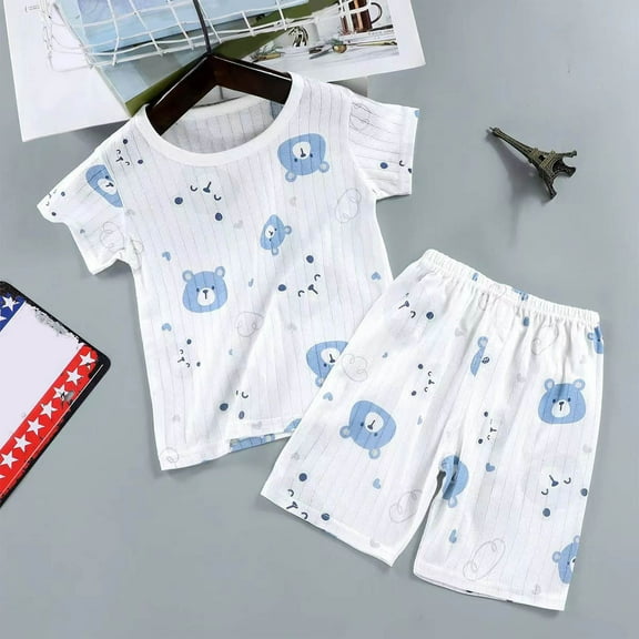 CYRBOKO Girls Pajama Sets, Breathable Cotton Elastic Waist Short Sleeve Sleepwear Shirt and Shorts Blue Size 6-7 T