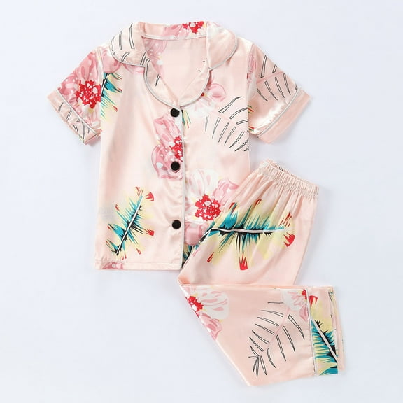 CYRBOKO Girls Pajama Sets, Floral Print Elastic Waist Breathable Short Sleeve Loungewear Sets Pink Size 7-8 T