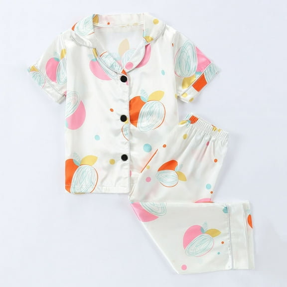 CYRBOKO Girls Pajama Sets, Printed Short Sleeve Elastic Waist Loungewear Sets White Size 7-8 T