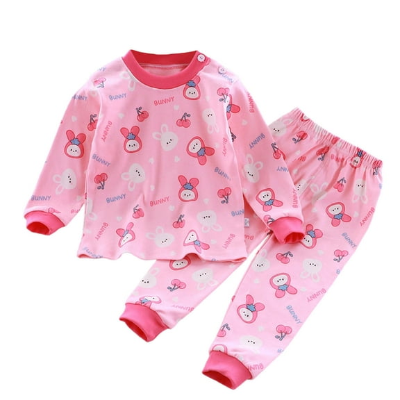CYRBOKO Girls Pajama Sets, Thermal Stretchy Long Sleeve Cotton Elastic Waist Loungewear Sets Pink Size 7-8 T