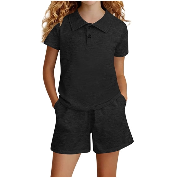 CYRBOKO Girls Polo Shirts Outfit Sets, Summer Elastic Waist Two Pieces Short Sleeve Polos and Shorts with Pockets Black Size 4-5 T