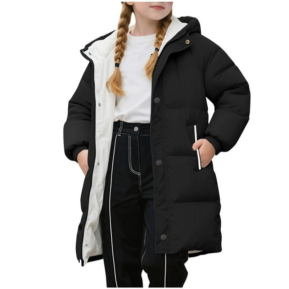 CYRBOKO Girls Puffer Coats, Hooded Long Sleeve Full Zip Thermal Winter Outerwear with Pockets Black Size 5-6 T